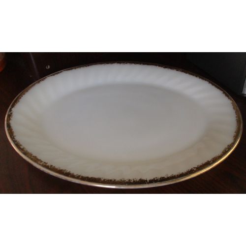Vintage - Fire King Milk Glass Swirl Dinner Plate Gold Rim 9"