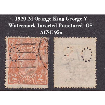 Australia 1920 KGV 2d Orange Single Watermark Wmk Inverted 'OS' ACSC 95a - USED