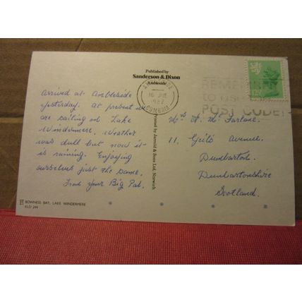 BOWNESS BAY, LAKE WINDERMERE CUMBRIA. used postcard. by Sanderson & Dixon 1982 =