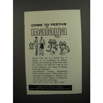 1962 Malaya Tourism Ad - Come to festive Malaya