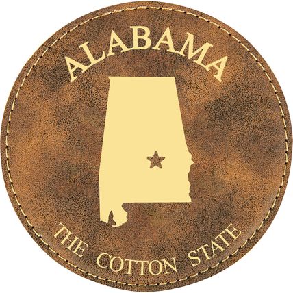 State Outline with Motto 4" Round Leather 6-Coaster Set with Holder