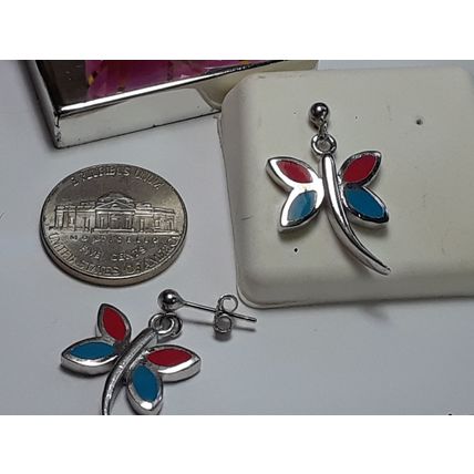 Estate 2 Sided Blue & Red Enamel DragonFly Sterling Silver Dangle Earrings#19090