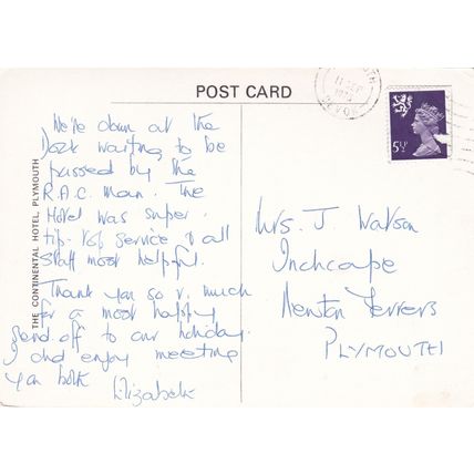 Continental Hotel Plymouth Devon Postcard posted 1975 creased