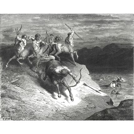 CENTAURS ATTACK THE SOULS IN BOILING BLOOD 1903 Gustave Doré ANTIQUE ENGRAVING