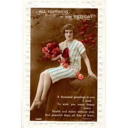 Postcard - Circa 1920s? Girl with bunch of Roses All Happiness On Your Birthday