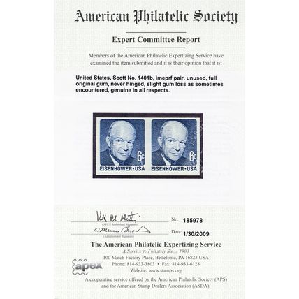 1401b, MNH 6¢ VERY RARE Imperforate Pair Error APS Certificate READ Stuart Katz