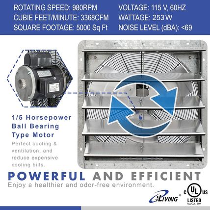 Iliving 20" Wall Mounted Shutter Exhaust Fan, Automatic Shutter, with Thermostat
