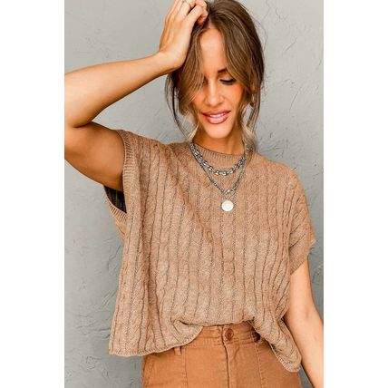 Light French Beige Crew Neck Cable Knit Short Sleeve Sweater