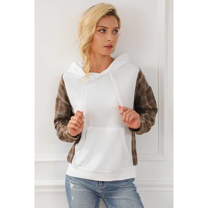 White Waffle Patch Plaid Sleeve Kangaroo Pocket Hoodie