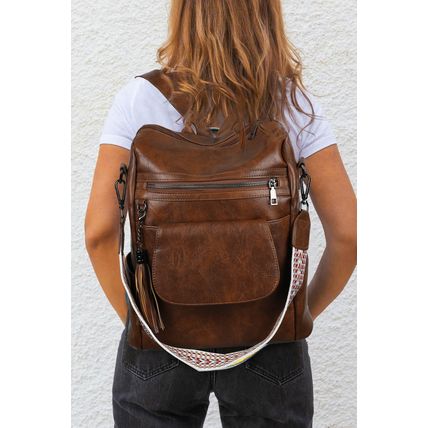 Dark Brown Tassel Decor Retro PU Large Capacity Backpack