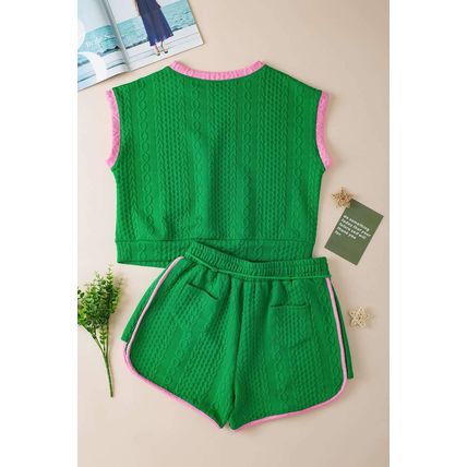 Green Contrast Trim Cable Textured Shorts Set