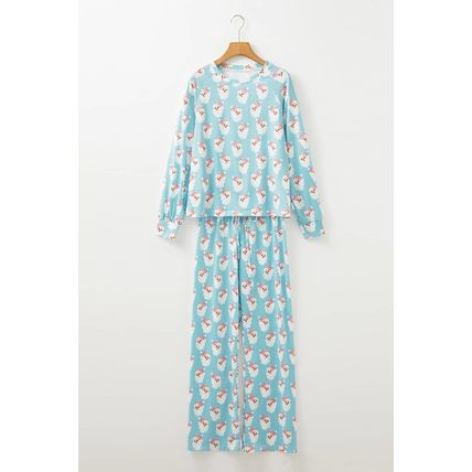 Sky Blue Santa Claus Striped Print Loose Fit Two Piece Lounge Set