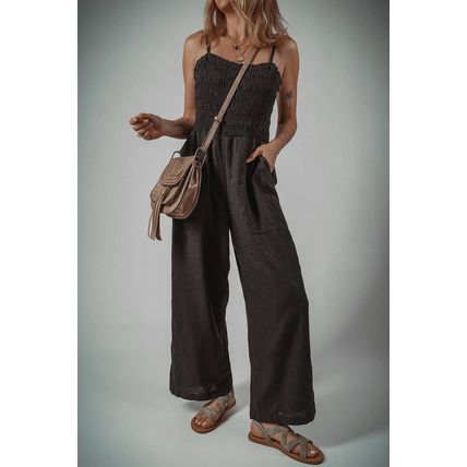 Black Spaghetti Straps Shirred Bodice Pocketed Wide Leg Jumpsuit