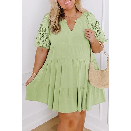 Laurel Green Floral Crochet Short Sleeve Notch V Neck Tiered Plus Size Mini Dres