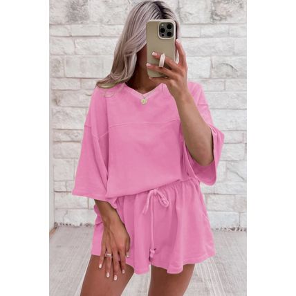 Bonbon Solid Loose V Neck Half Sleeve Tee and Shorts