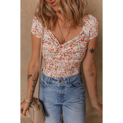 Orange Short Sleeve Floral Ruched Sweetheart Bodysuit