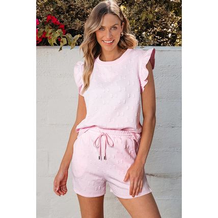 Pink Bow Jacquard Ruffle Sleeve Short 2pcs Outfit
