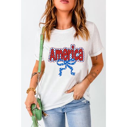 White Funky America Letter Bow Printed T Shirt