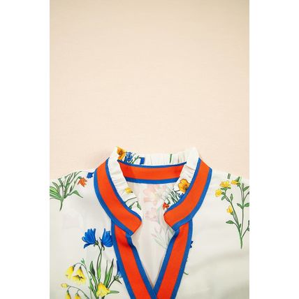 White Floral Short Puff Sleeve Contrast V Neck Print Blouse