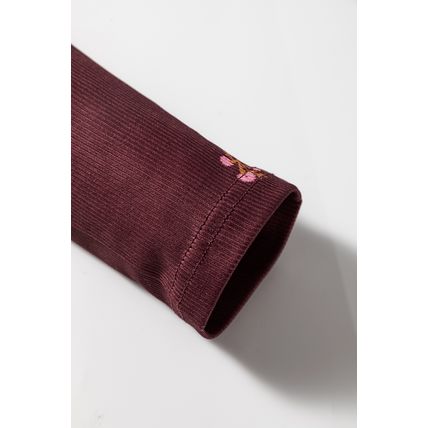 Burgundy Notched Neck Floral Print Ribbed Long Sleeve Top