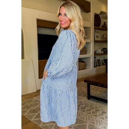 Sky Blue Stripe Bracelet Sleeve Tiered Shift Dress with Pockets
