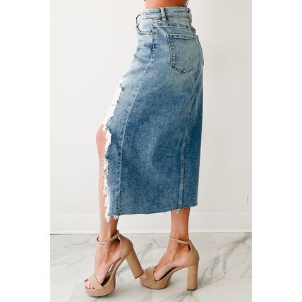 Myosotis Irregular Distressed Bottom Denim Midi Skirt
