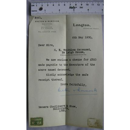 1930 letter Breton & Bowcock, Longton re Whittles