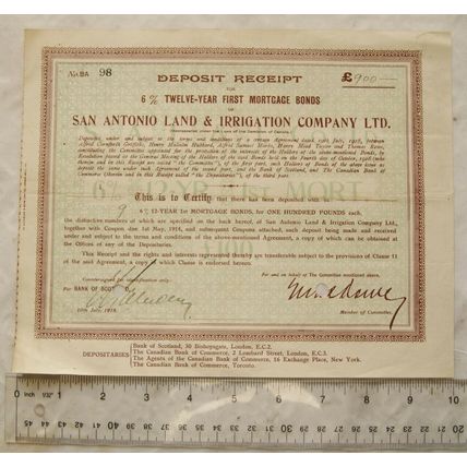 1918 Deposit Receipt £900 San Antonio Land & Irrigation Company