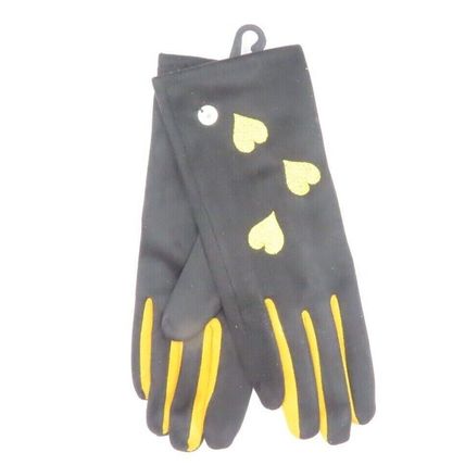 Ladies Gloves Two Tone Black with Yellow Hearts Detail 24.5 CM Gift Christmas