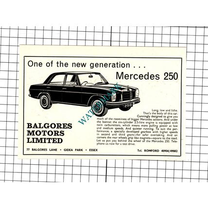 Mercedes 250 Car Advert Balgores Motors Gidea Park - 1968 Clipping / Print