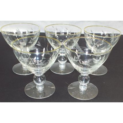 Vintage Art Etched Cocktail Wine Gold Trim Crystal Glass Barware Set of 5