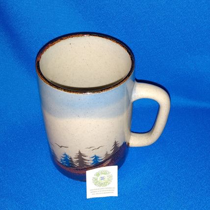 CERAMIC TANKARD NEW ENGLAND MOUNTAIN SCENE with PINE TREES and BIRDS + RECIPES