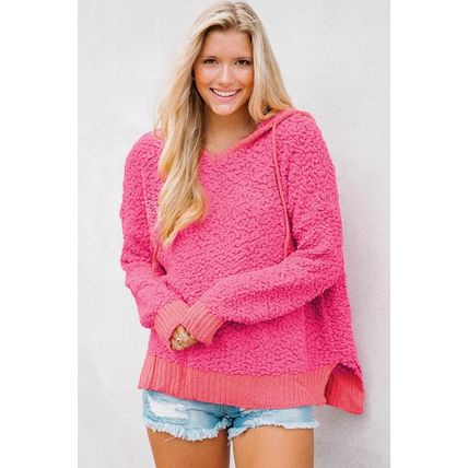 Rose Loose Popcorn Textured Hooded Sweater
