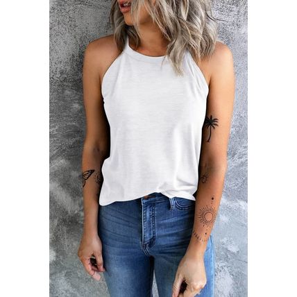 White Solid Color Crew Neck Tank Top