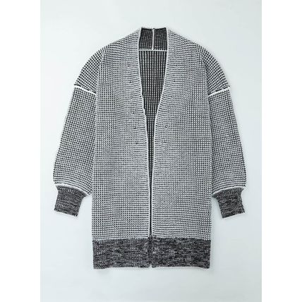 Gray Plaid Knitted Long Open Front Cardigan