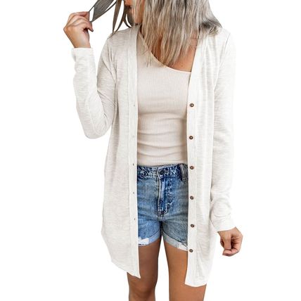 White Solid Color Open-Front Buttons Cardigan