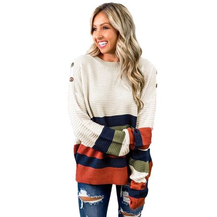 White Buttoned Shoulder Drop Shoulder Striped Sweater