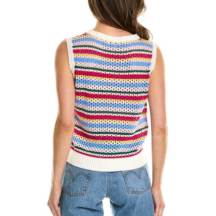 White Colorful Stripe Scalloped Trim Sweater Vest