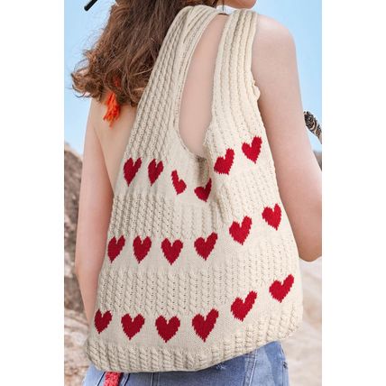 Apricot Heart Pattern Knit Large Shoulder Bag