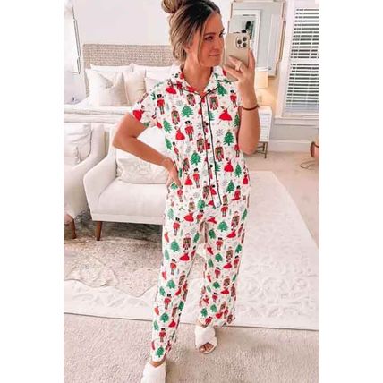 White Printed Christmas Pattern Buttoned Two Piece Sleepwear