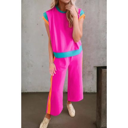 Strawberry Pink Color Block Detail Casual Two-piece Set