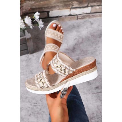 Beige Crochet Dual Band Wedge Slippers