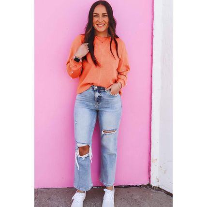Blossom Pearled Sleeves Drop Shoulder Round Neck Pullover Sweatshirt