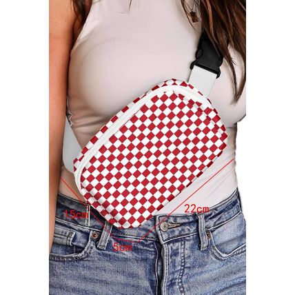 Fiery Red Checkered Print Zipped Buckle Strap Crossbody Bag