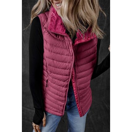 Burgundy Plush Collared Quilted Zipped Puffer Vest