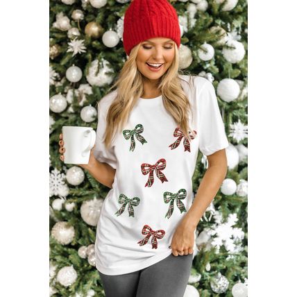 White Christmas Bowknot Graphic Cotton Blend T Shirt