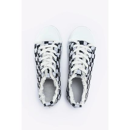 Black Checkered Print Raw Edge Lace-up Canvas Shoes