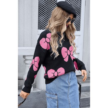 Black Valentine Bowknot Knitted Round Neck Fashion Sweater