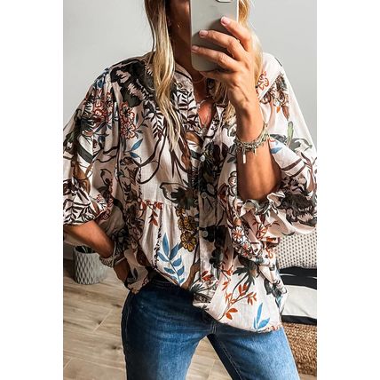 White Floral Print Balloon Sleeves Button Up Loose Casual Shirt