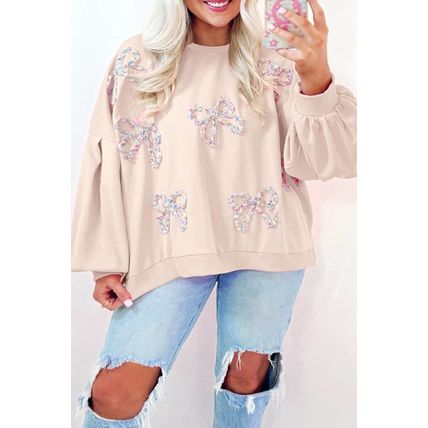 Parchment Embroidered Bow Lantern Sleeve Oversized Pullover Sweatshirt
